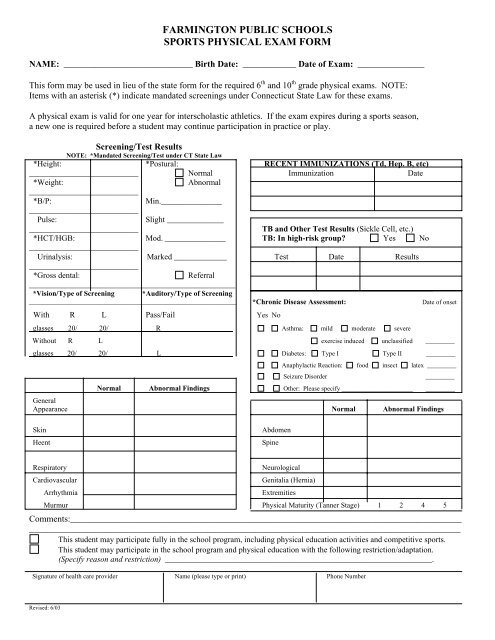 sports physical exam form
farmington public schools sports physical exam form sports physical exam form
farmington public schools sports physical exam form