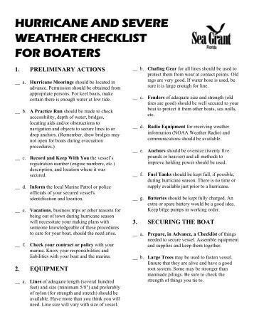 HURRICANE AND SEVERE WEATHER CHECKLIST FOR BOATERS