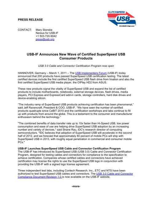 USB-IF Announces New Wave of Certified SuperSpeed -