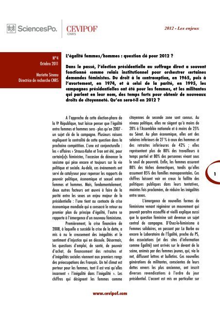 L'Ã©galitÃ© femmes/hommes : question clÃ© pour 2012 - cevipof