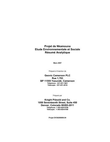 Projet de Nkamouna Etude Environnementale et Sociale RÃ©sumÃ© ...