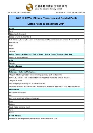 JWC Hull War, Strikes, Terrorism and Related Perils Listed Areas (8 ...