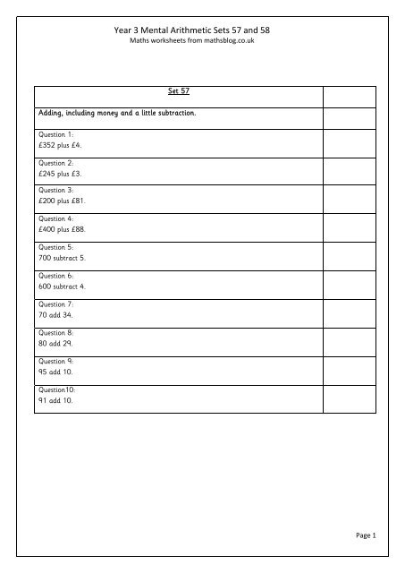 Year 3 Mental Arithmetic Sets 57 and 58 - Maths Blog