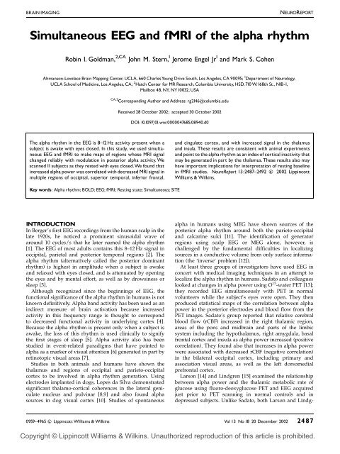 Simultaneous EEG and fMRI of the alpha rhythm - Brainmapping.ORG