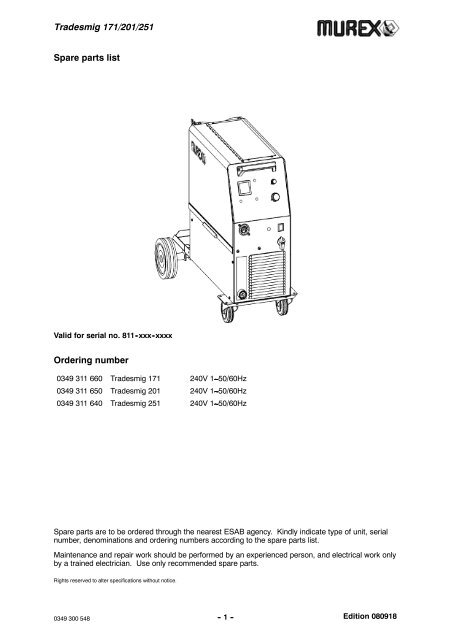 Tradesmig 171/201/251 Spare parts list Ordering number - Murex