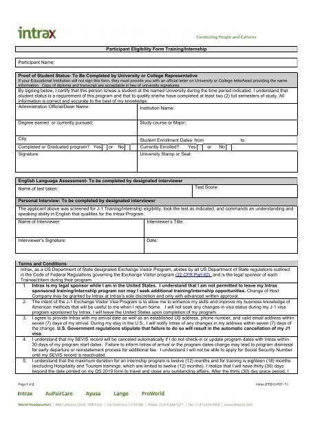 Participant Eligibility Form Training/Internship Proof of Student ...