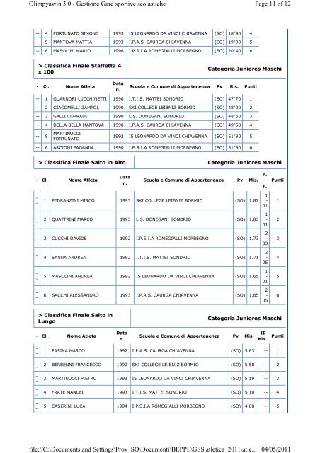 GSS Atletica 2grado INDIVIDUALI - Ufficio scolastico regionale per ...