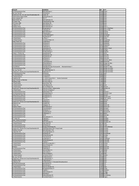 DEALER ADDRESS ZIP CITY Die Schweizerische Post ... - Orange