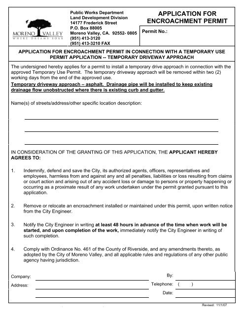 application for encroachment permit - City of Moreno Valley