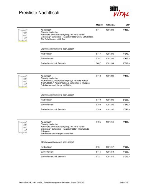 Preisliste Nachttisch - Embru