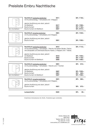 Preisliste Embru Nachttische