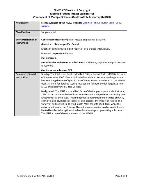 Modified Fatigue Impact Scale - NINDS Common Data Elements Modified Fatigue Impact Scale - NINDS Common Data Elements