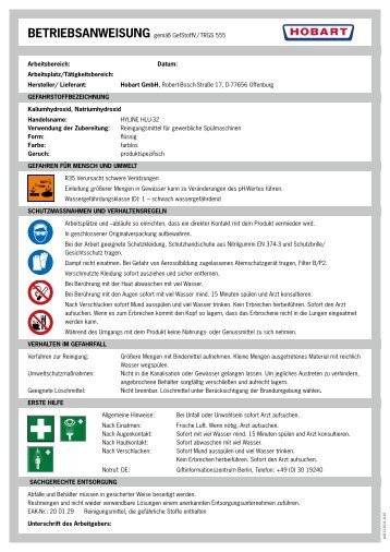 BetrieBsanweisung gemäß GefStoffV / TRGS 555 ... - HOBART GmbH