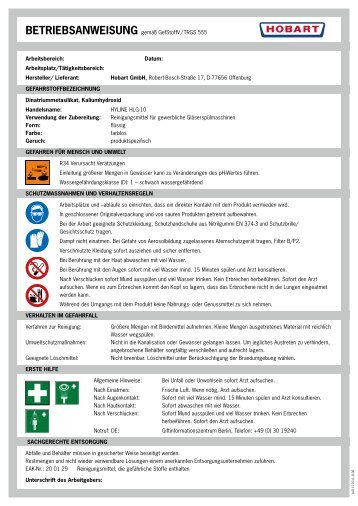 BetrieBsanweisung gemäß GefStoffV / TRGS 555 ... - HOBART GmbH