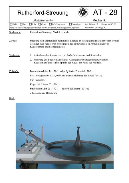 Versuchskarte - Vorlesungssammlung Physik - Universität Ulm