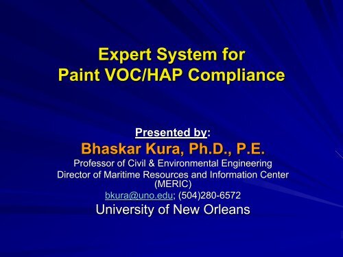 Expert System for Paint VOC/HAP Compliance Presented by - NSRP