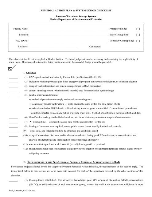 Remedial Action Plan checklist - Florida Department of ...