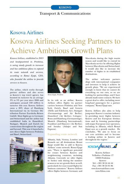 Kosova Airlines Seeking Partners to Achieve Ambitious Growth Plans