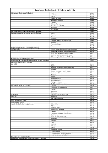 Historischer Bilderdienst Inhaltsverzeichnis