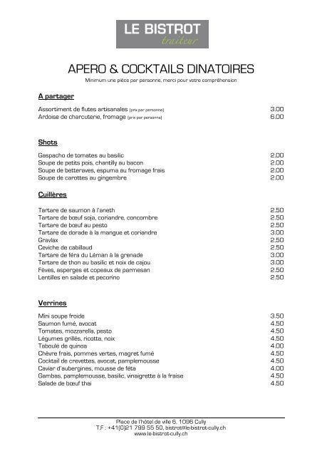 APERO & COCKTAILS DINATOIRES - Restaurant Le Bistrot Cully