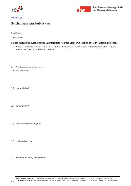 Beiblatt zum Arztbericht vom - IV-Stelle des Kantons Solothurn