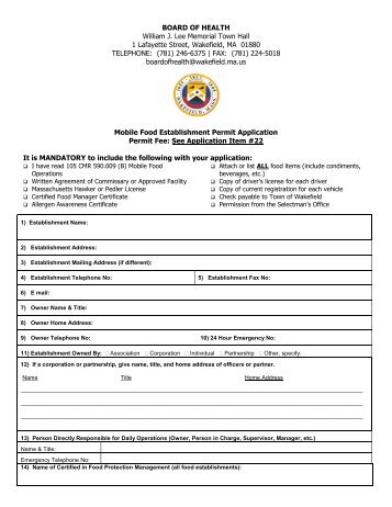 Food Establishment Permit Application - Town of Wakefield