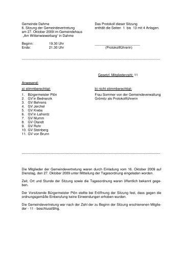 Gemeinde Dahme Das Protokoll dieser Sitzung 6. Sitzung der ...