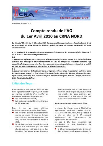 Compte rendu de l'AG du 1er Avril 2010 au CRNA ... - UNSA ICNA