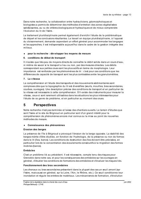 Fixation de la végétation dans le chenal des cours d'eau