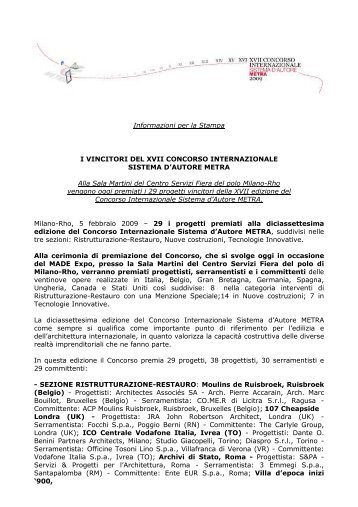 Informazioni per la Stampa I VINCITORI DEL XVII CONCORSO ...