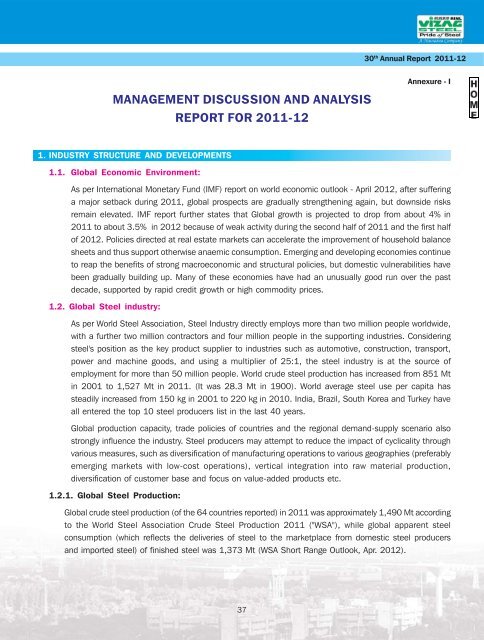 Annual Report for 2011-2012 - Vizag Steel