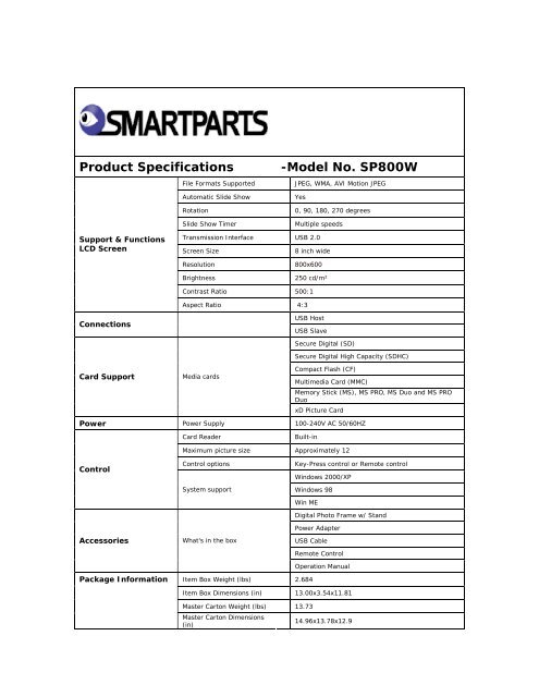 Product Specifications -Model No. SP800W - Smartparts