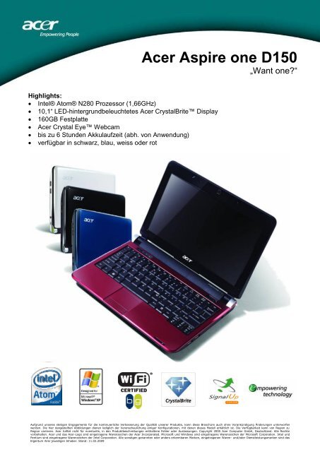 Datenblatt Acer Aspire One D150 - bei tp-Com