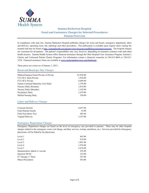 Summa Barberton Hospital Patient Price Report - Summa Health ...