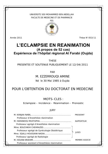 L'ECLAMPSIE EN REANIMATION - Faculté de Médecine et de ...