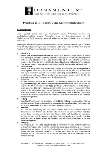 Preisliste 2011 – Barlow Tyrie Garteneinrichtungen - Ornamentum