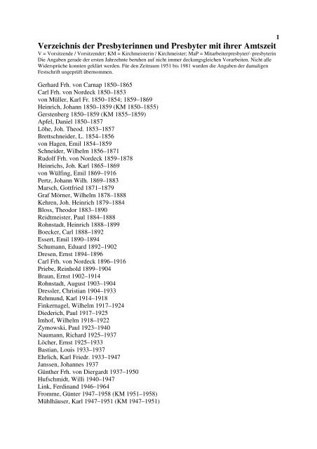 Verzeichnis der Presbyterinnen und Presbyter mit ihrer Amtszeit