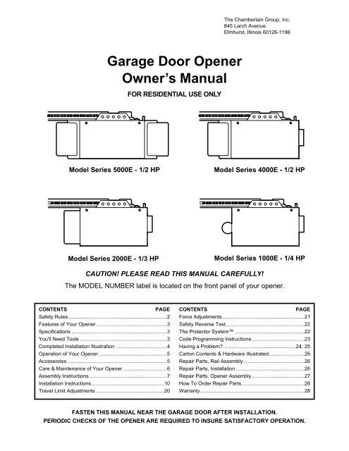 Garage Door Opener Owner S Manual, Chamberlain Garage Door Opener Manual 1 2 Hp
