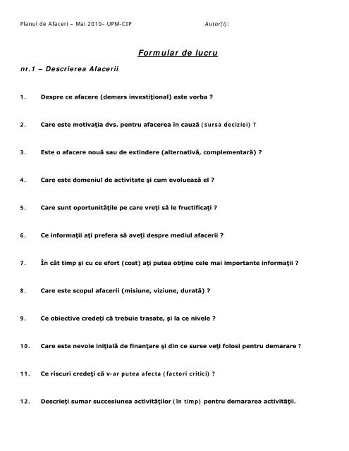 Plan de afaceri - formular de lucru