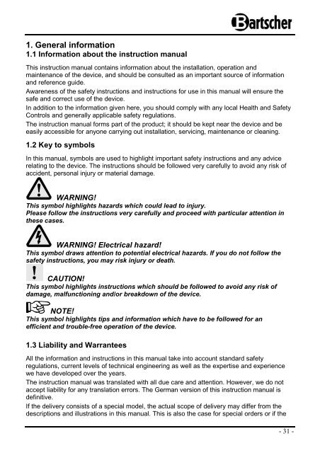 Bedienungsanleitung Instruction manual Mode d ... - Bartscher GmbH