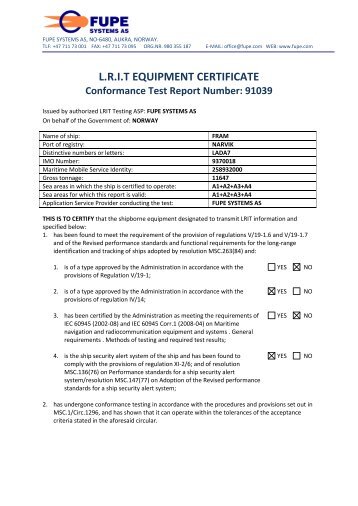 LRIT EQUIPMENT CERTIFICATE Conformance Test Report Number