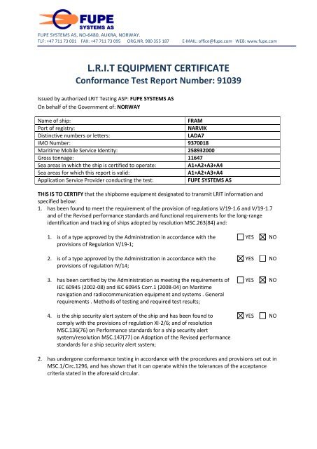 LRIT EQUIPMENT CERTIFICATE Conformance Test Report Number