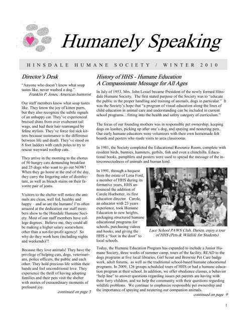 News Letter Winter 2010 M&K.pub - Hinsdale Humane Society