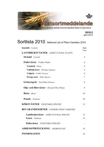 National List of Plant Varieties 2010 - Jordbruksverket