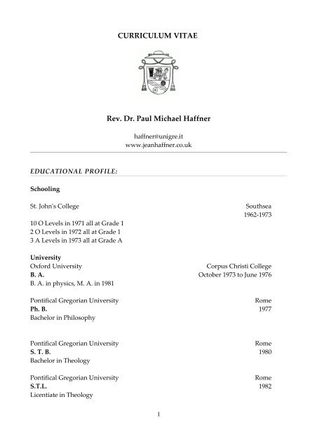 CURRICULUM VITAE Rev. Dr. Paul Michael Haffner