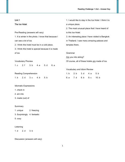 reading challenge 1 answer key