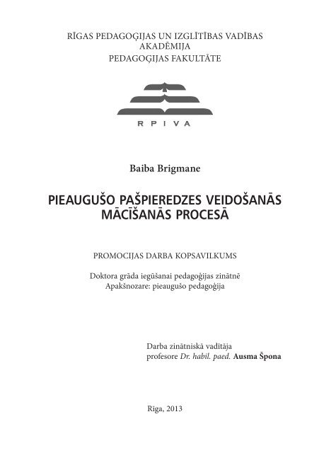 pieauguÅ¡o paÅ¡pieredzes veidoÅ¡anÄs mÄcÄ«Å¡anÄs procesÄ - rpiva