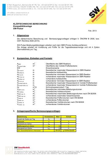 KLÃRTECHNISCHE BERECHNUNG KompaktklÃ¤ranlage SW-Pulsar ...