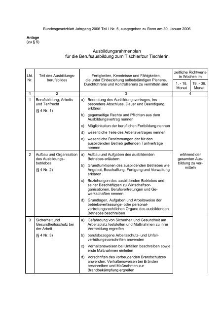 Ausbildungsrahmenplan fÃ¼r die Berufsausbildung zum Tischler/zur ...