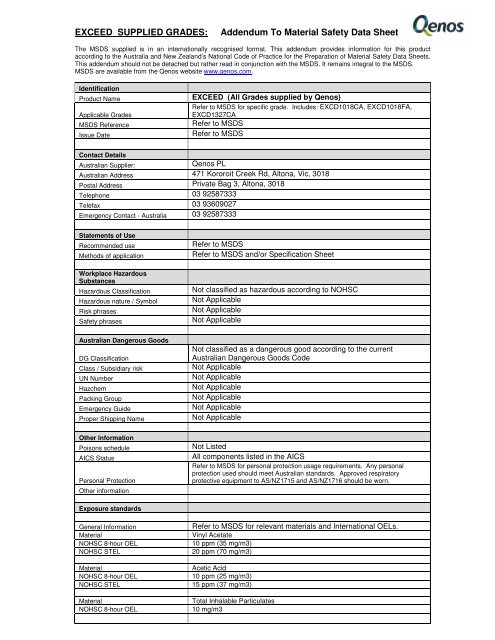 Addendum To Material Safety Data Sheet - Qenos